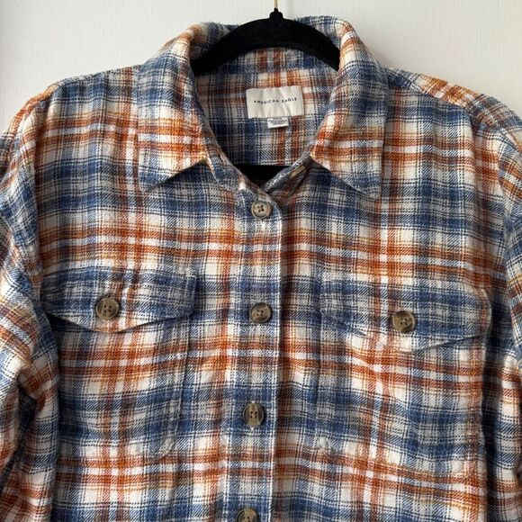 American Eagle Outfitters Crop Plaid Flannel Button Up Shirt Blue Orange Size M - Picture 3 of 8